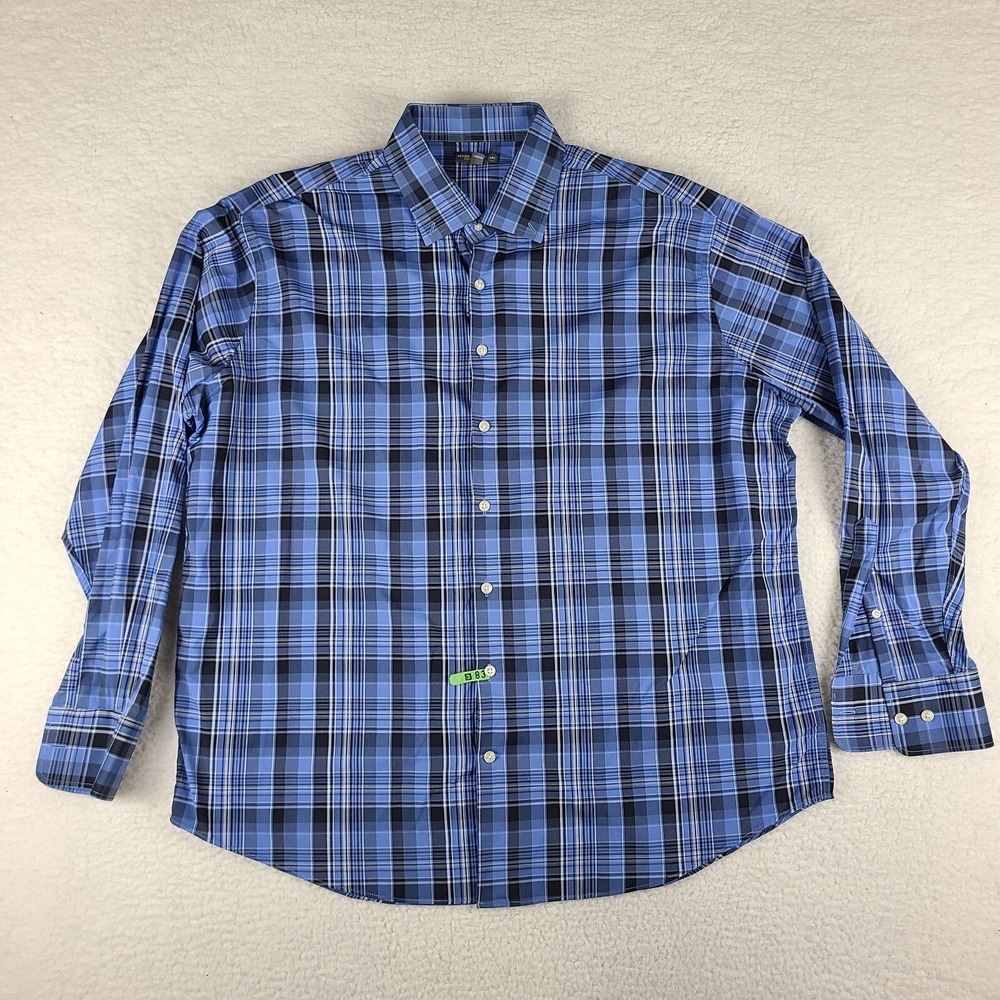 Peter Millar Summer Comfort Dress Shirt Mens 2XL XXL Blue Plaid Nylon Button Up